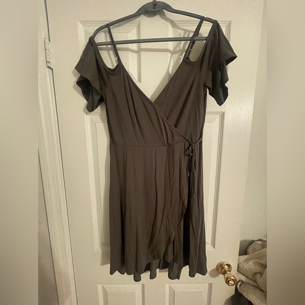 Olive Dress with off the shoulder accent